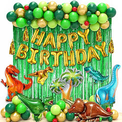 Dinosaur Birthday Party Decorations, 97Pcs Dinosaur Balloon Garland Arch Kit with Giant Dinosaur Foil Balloons and Green Foil Curtains for Dinosaur Dino Three Rex Birthday Party