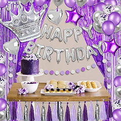 JOYYPOP Purple Birthday Decorations with Silver Crown Balloon,Silver Happy Birthday Balloons,Purple and Silver Tassel Garland,Foil Curtains for Birthday Party Decorations(Silver)
