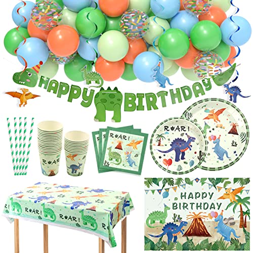 JOYYPOP Dinosaur Birthday Party Supplies Serves 16, 140 Pcs Dinosaur Party Decorations for Boys - Dinosaur Party Plates, Cups, Napkins and Hanging Swirls