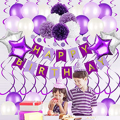JOYYPOP Purple Birthday Decorations 54 Pcs Purple Party Decorations Set with Happy Birthday Banners Star Foil Balloons Purple Balloons Paper Pom Poms Hanging Swirls for Birthday Party