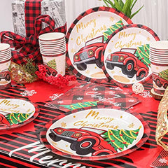 JOYYPOP Christmas Party Supplies Serve 25, Including Christmas Plates, Party Paper Cups, Napkins, Tablecloth and Christmas Banner for Christmas or Holiday Party, Total 103 PCS