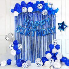 JOYYPOP Birthday Party Decorations Happy Birthday Balloons Banner with Blue and White Balloons Set, Blue Foil Fringe Curtain for Men Boy Kids Adults Birthday Party (Blue）