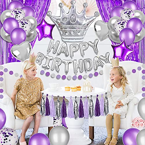 JOYYPOP Purple Birthday Decorations with Silver Crown Balloon,Silver Happy Birthday Balloons,Purple and Silver Tassel Garland,Foil Curtains for Birthday Party Decorations(Silver)