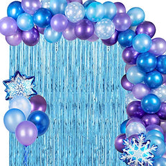 Frozen Balloon Garland Kit 108 Pcs Snowflake Balloons Arch Kit with Metallic Blue Purple Balloons Blue Foil Fringe Curtain for Winter Wonderland Christmas Party Frozen Themed Birthday Party