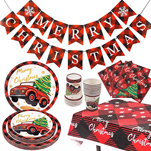 JOYYPOP Christmas Party Supplies Serve 25, Including Christmas Plates, Party Paper Cups, Napkins, Tablecloth and Christmas Banner for Christmas or Holiday Party, Total 103 PCS